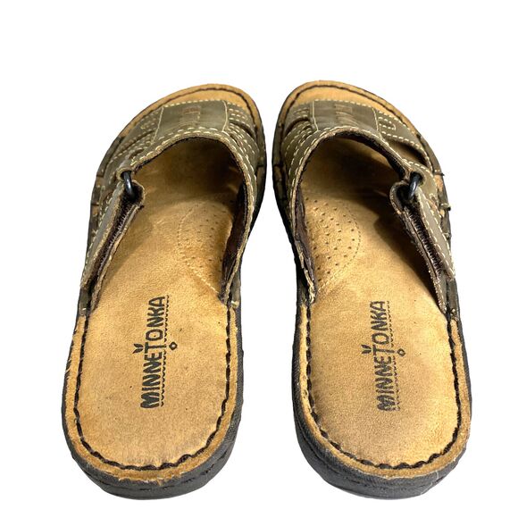 Minnetonka Slip On Leather Sandals Womens 7 Brown with Hook & Loop Closure - Picture 6 of 9